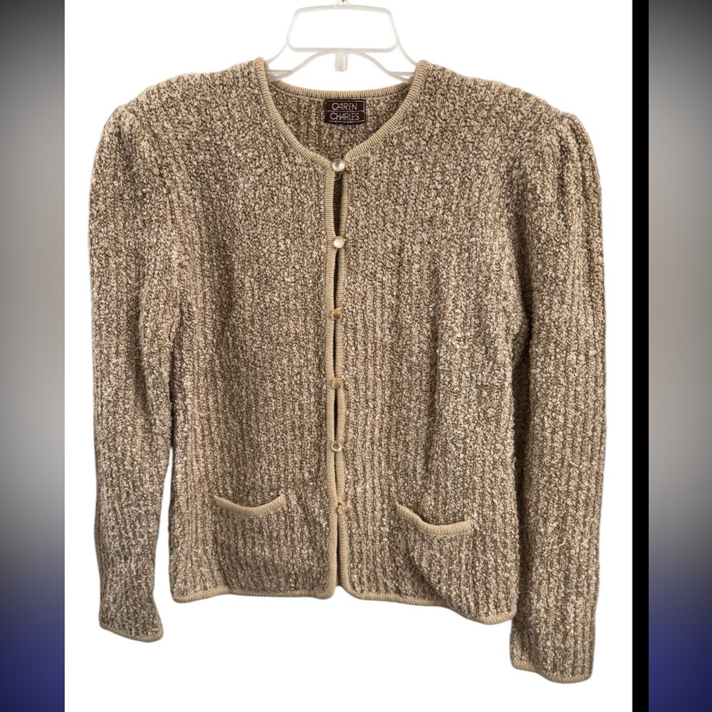 Caren Charles Cardigan Button Up Pockets Shoulder Pads Beige Knit Sz(LG) - Picture 1 of 4
